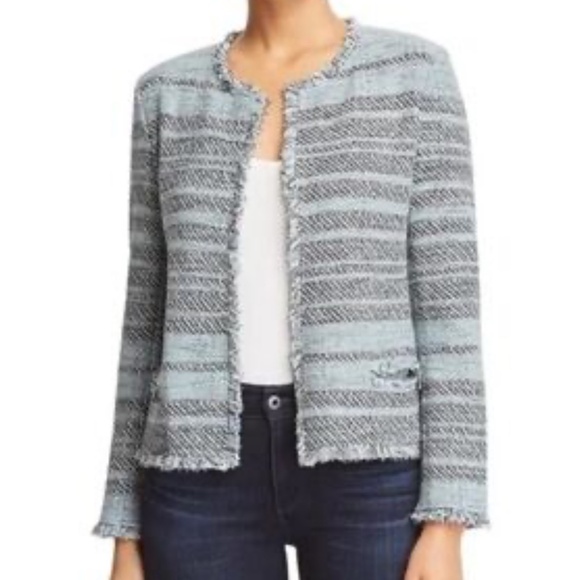 Nic & Zoe Blazer Jacket Open Front Fringe Hem Blue Black Tweed Open Front - Picture 1 of 12